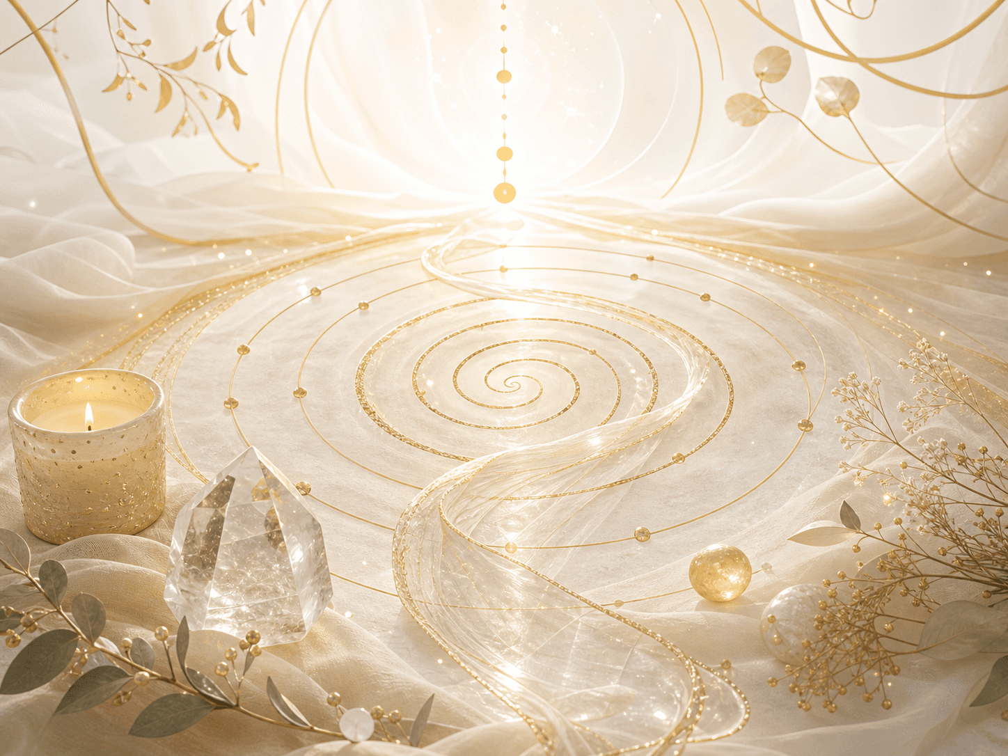 Soft timeline healing artwork with candle, crystal, and golden path